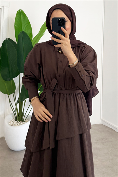 Katlı Elbise - Kahverengi