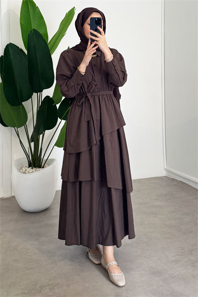 Katlı Elbise - Kahverengi