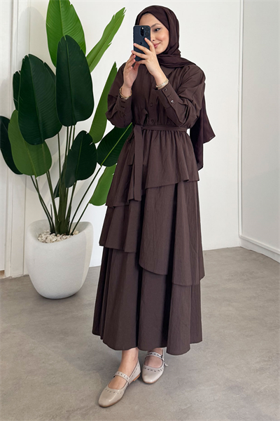 Katlı Elbise - Kahverengi