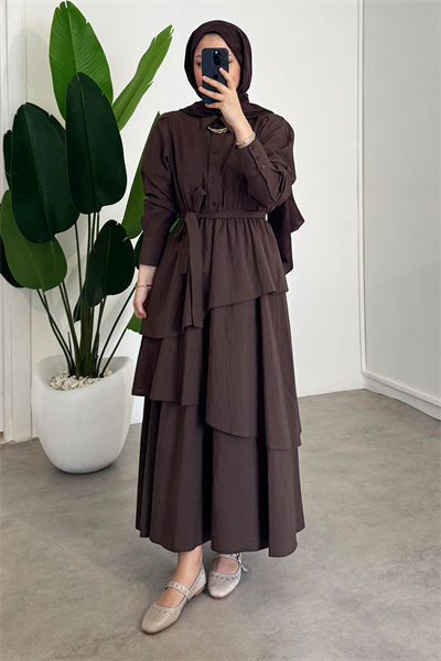 Katlı Elbise - Kahverengi