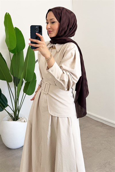 Kemer Detay Elbise - Bej