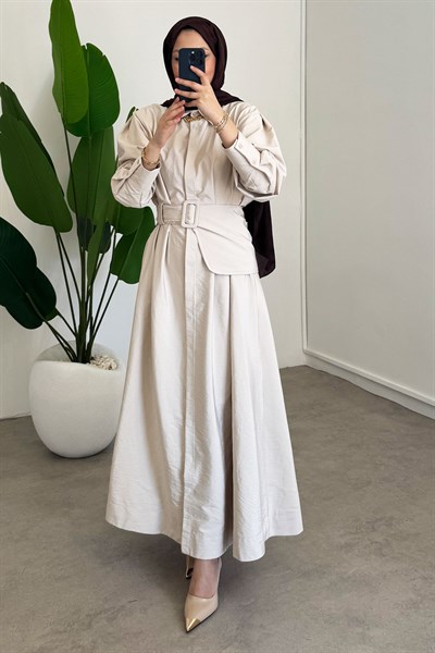 Kemer Detay Elbise - Bej