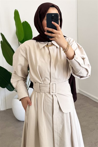 Kemer Detay Elbise - Bej