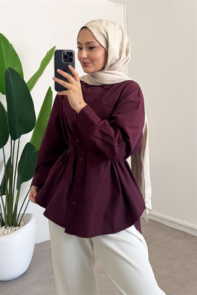 Kemerli Basıc Gömlek - Bordo
