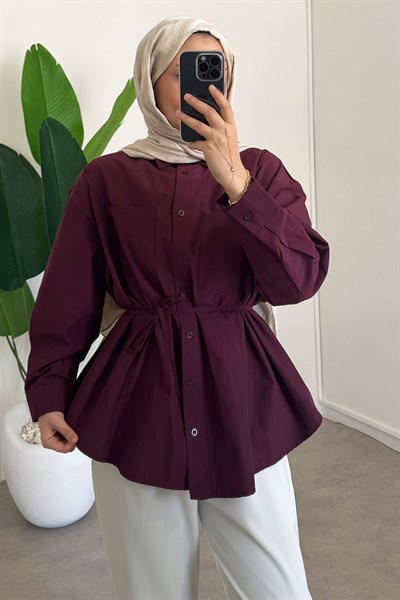 Kemerli Basıc Gömlek - Bordo