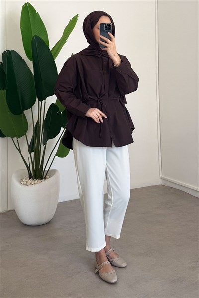 Kemerli Basıc Gömlek - Kahverengi