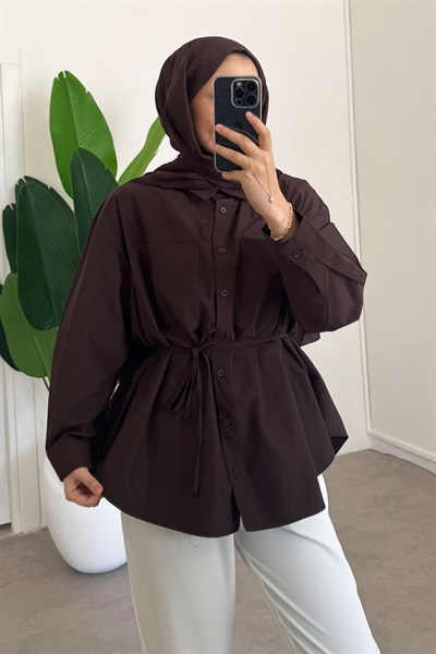 Kemerli Basıc Gömlek - Kahverengi