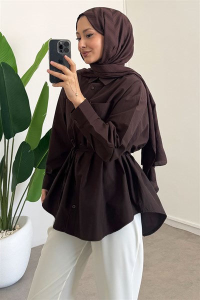 Kemerli Basıc Gömlek - Kahverengi