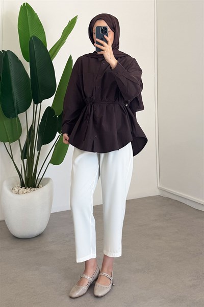 Kemerli Basıc Gömlek - Kahverengi