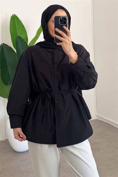 Kemerli Basıc Gömlek - Siyah