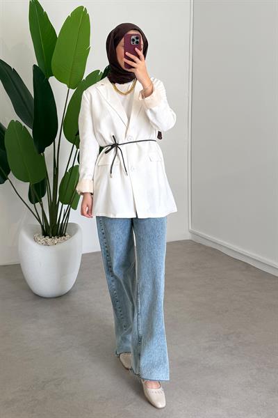 Kemerli Çizgili Ceket - Ekru