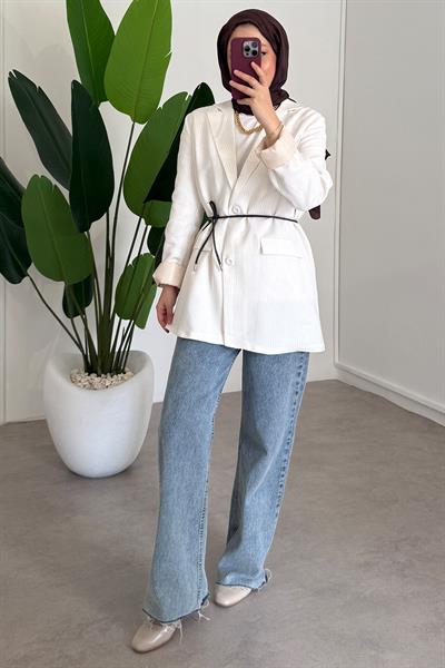 Kemerli Çizgili Ceket - Ekru