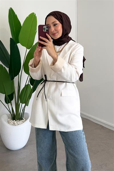 Kemerli Çizgili Ceket - Ekru