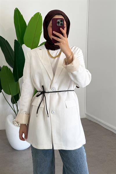 Kemerli Çizgili Ceket - Ekru