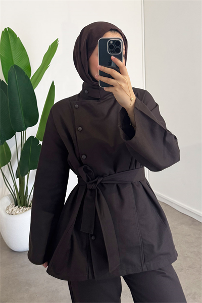 Kemerli Gabardin Takım - Kahverengi