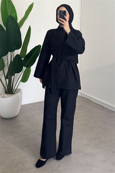 Kemerli Gabardin Takım - Siyah