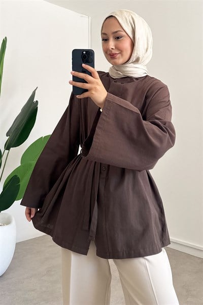 Kemerli Keten Gömlek - Kahverengi