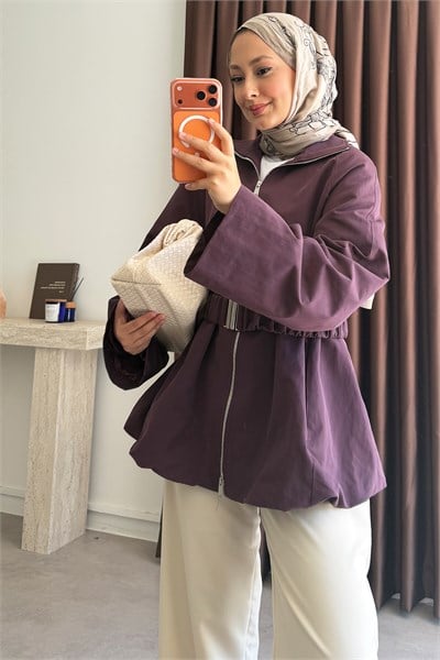 Kemerli Oversize Ceket - Bordo