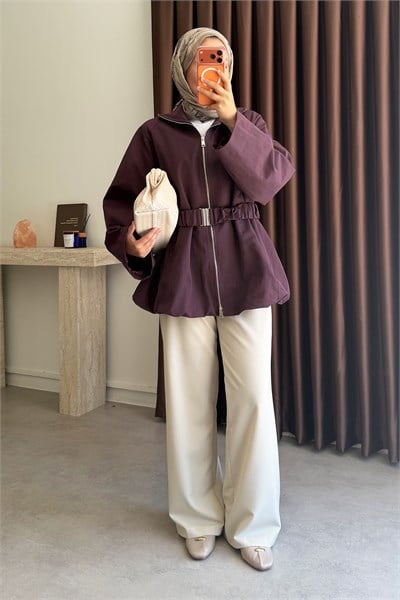 Kemerli Oversize Ceket - Bordo