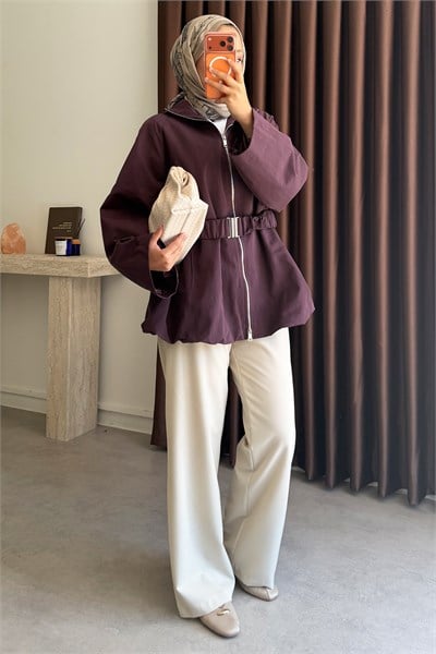 Kemerli Oversize Ceket - Bordo