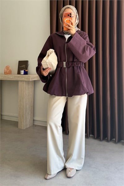 Kemerli Oversize Ceket - Bordo