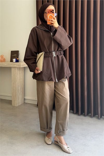 Kemerli Oversize Ceket - Kahverengi