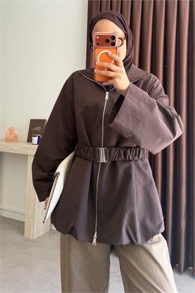 Kemerli Oversize Ceket - Kahverengi