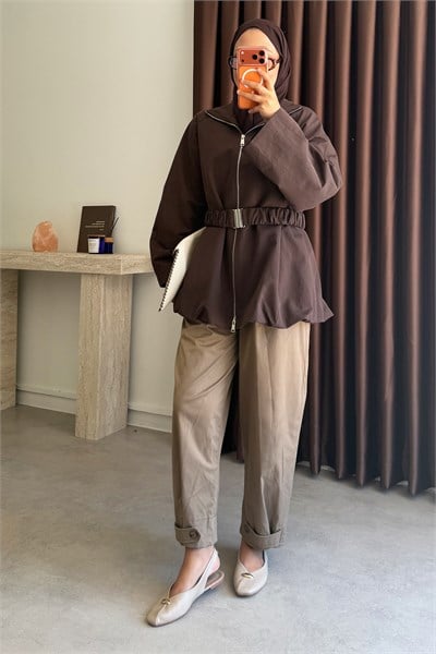 Kemerli Oversize Ceket - Kahverengi