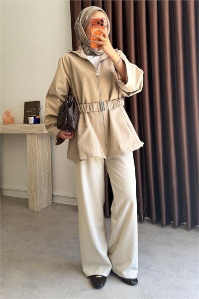Kemerli Oversize Ceket - Kum Beji