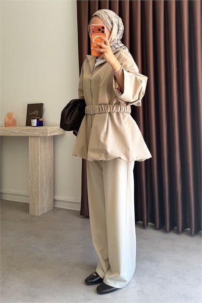 Kemerli Oversize Ceket - Kum Beji