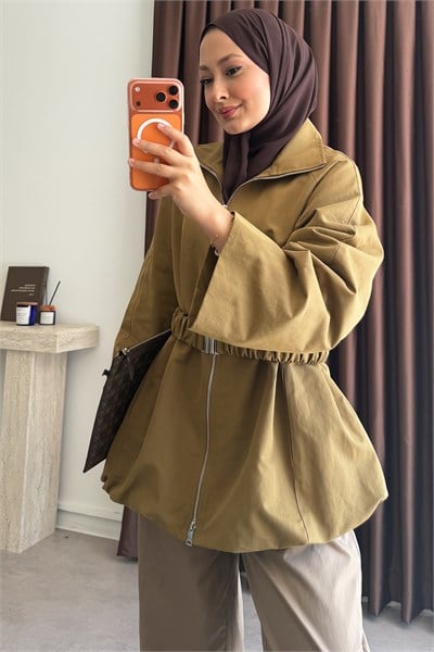 Kemerli Oversize Ceket - Olive