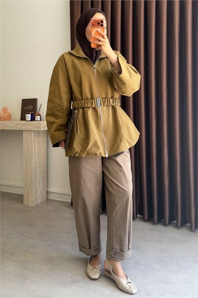 Kemerli Oversize Ceket - Olive