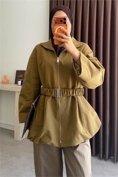 Kemerli Oversize Ceket - Olive