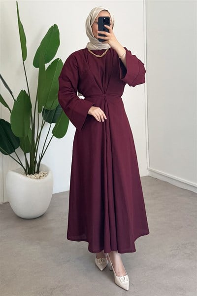 Keten Bağlama Elbise - Bordo