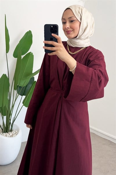 Keten Bağlama Elbise - Bordo