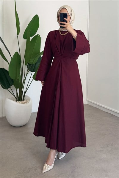 Keten Bağlama Elbise - Bordo
