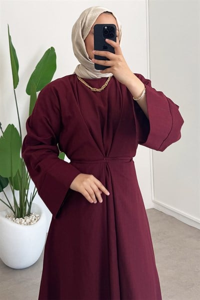 Keten Bağlama Elbise - Bordo