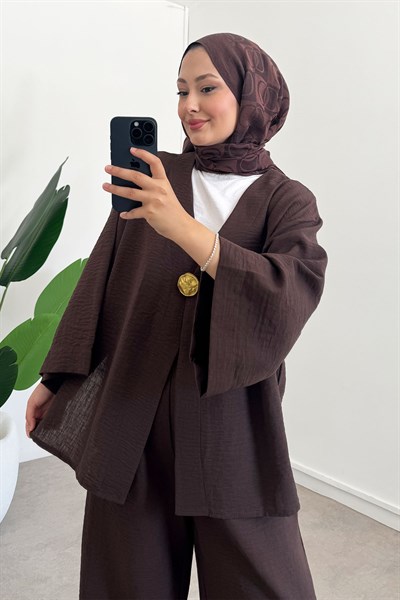 Keten Tek Dügme Takım - Kahvrengi