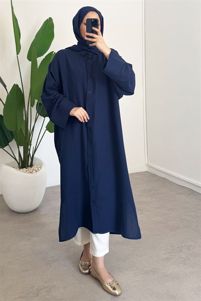 Keten Uzun Gömlek Elbise - Lacivert