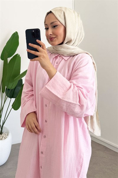 Keten Uzun Gömlek Elbise - Pembe