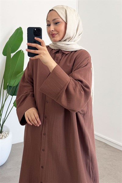 Keten Uzun Gömlek Elbise - Vizon