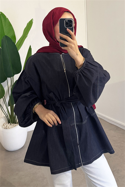 Kolları Lastikli Denim Ceket - Koyu Kot