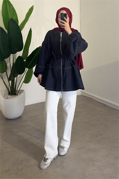 Kolları Lastikli Denim Ceket - Koyu Kot