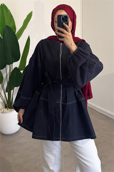 Kolları Lastikli Denim Ceket - Koyu Kot