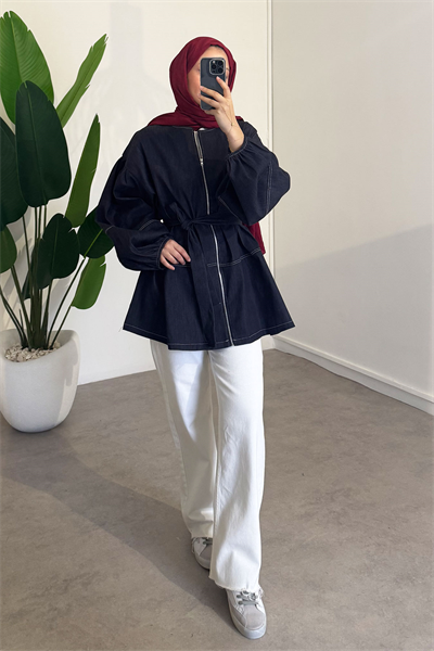 Kolları Lastikli Denim Ceket - Koyu Kot