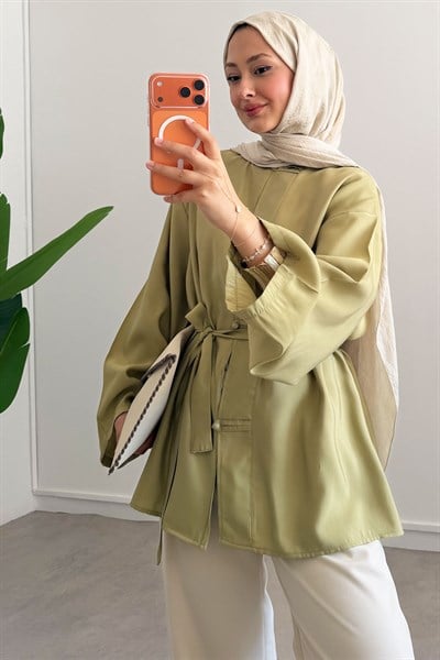 Kuşaklı Modal Gömlek - Olive