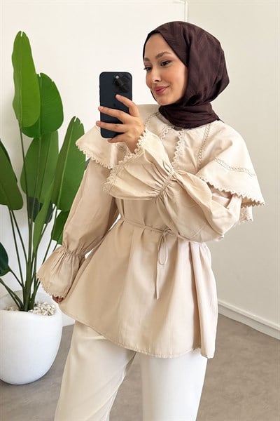 Mendil Yaka Dantelli Tunik - Bej
