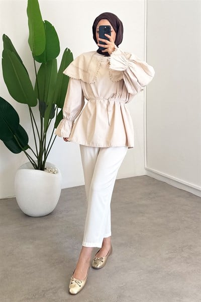 Mendil Yaka Dantelli Tunik - Bej