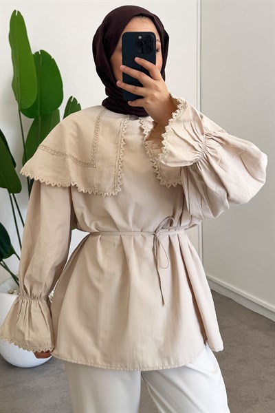 Mendil Yaka Dantelli Tunik - Bej