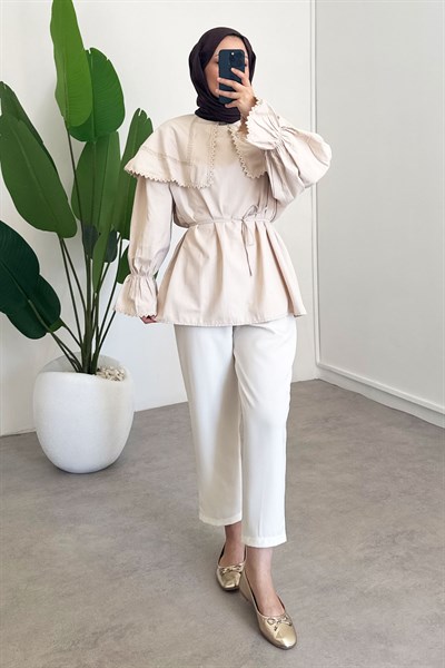 Mendil Yaka Dantelli Tunik - Bej